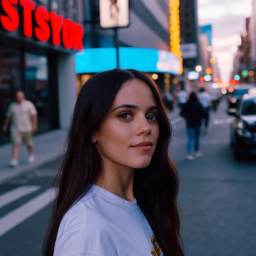 cinematic photo Mid-shot portrait of a beautiful ((ohwx woman)) in her 😂 , with long hair, candid street portrait in the style of Martin Schoeller award winning, Sony a7R . 35mm photograph, film, bokeh, professional, 4k, highly detailed😈