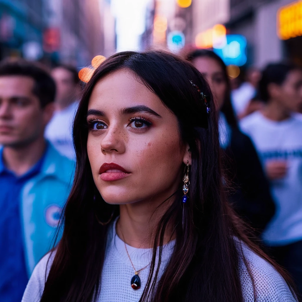 cinematic photo Mid-shot portrait of a beautiful ((ohwx woman)) in her 😂 , with long hair, candid street portrait in the style of Martin Schoeller award winning, Sony a7R . 35mm photograph, film, bokeh, professional, 4k, highly detailed😈