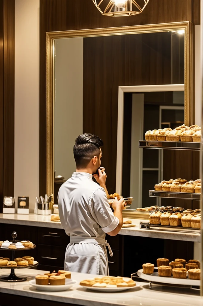 Could you generate an image of a looking in a mirror and on the other side of the mirror seeing himself as a professional pastry chef?