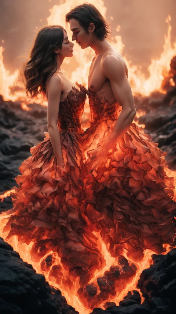 masterpiece,Highest quality,Rich in details,high resolution,flame/fiery的焰/flame,Dynamic Scene Scale 1.3,Romantic couple kissing in the fire,Firestorm,on fire,Bizarre fantasy image,Excellent skin texture,Magic Circle,Casting a Spell,strange,紫色strength,strength,fiery,meteor。
