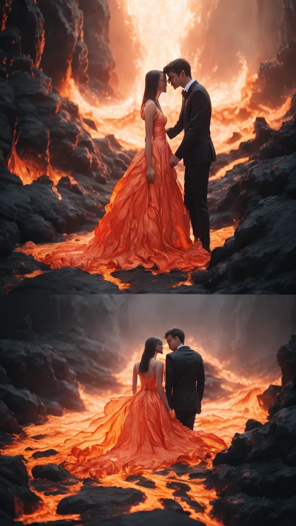 masterpiece，Highest quality，Rich in details，high resolution，flame/fiery的焰/flame，Dynamic Scene Scale 1.3，Romantic couple kissing in the fire，Firestorm，on fire，Bizarre fantasy image，Excellent skin texture，Magic Circle，Casting a Spell，strange，紫色strength，strength，fiery，meteor。