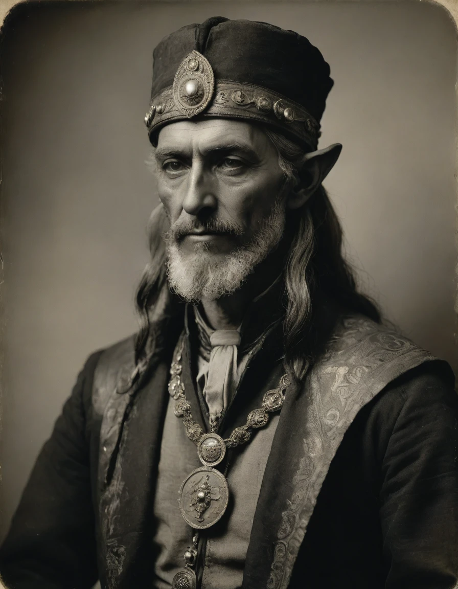 ((((Masterpiece, daguerreotype on old paper, monochrome)))), by Moebius, by Théodore Géricault, the composition is: ((((40 year old male high elf scientist, tan, elf ears, Assyrian beard, sullen, magnificent, he is wearing Mesopotamian costume with Steampunk elements, sashes, medals, pendants)))).
