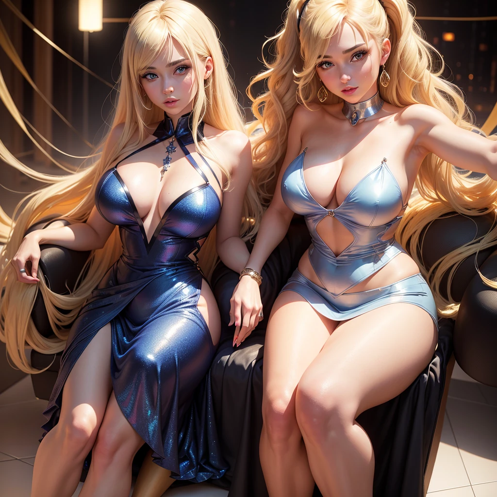 {(Ultra hd, full hd 8k regulations, masterpiece, ultra realistic, anime like)} Blonde woman posing in a nightclub, Sexy girl with blue eyes, portrait lela star, blurr background, hot makeup with with sparkle dress, Best quality, 1girll, Portrait of Corinna Kopf, blonde hair and large eyes, selfie of a young woman, Orn makeup, natural makeup, Look directly into the camera, face with artgram, Decentus makeup, Great full body photo, Being in the room, Large of breast, Blonde, latina