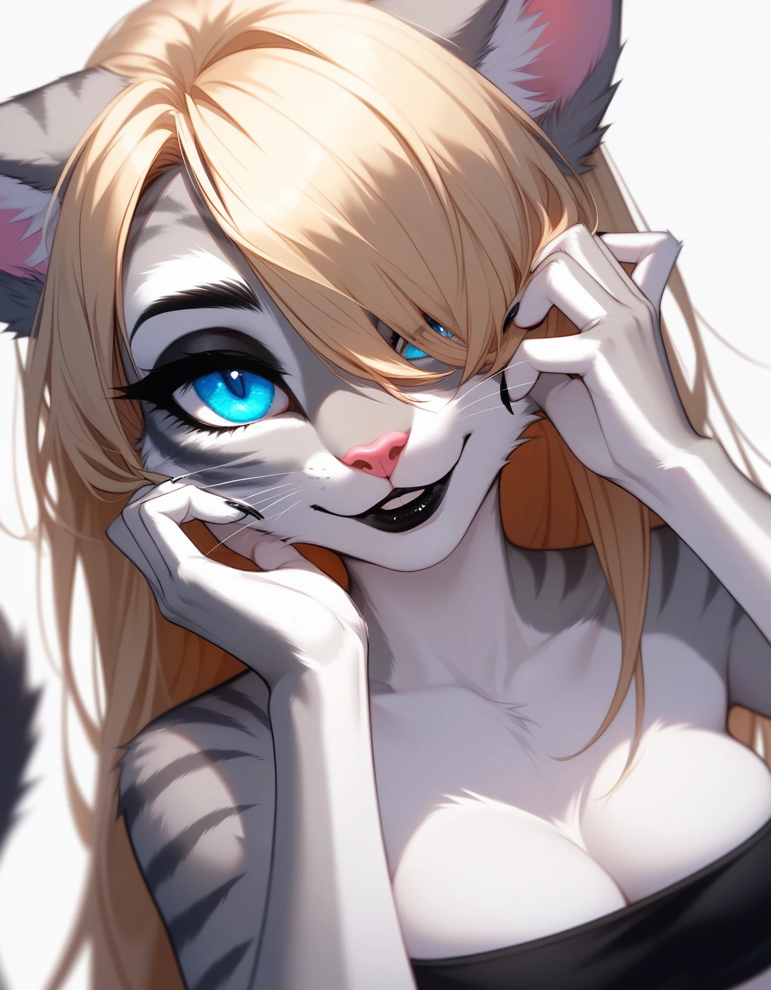 Solo, score_9,score_8_up,score_7_up, source_furry, (Kat, Anthro furry feline girl, adult female, blue eyes, long blonde hair, hair covering one eye, :3, pink nose, black lipstick, wearing black bandeau, close up, portrait, seductive modeling pose, hands on her face