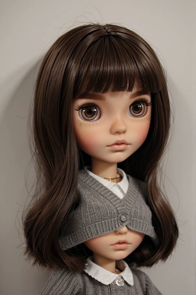 Do a blythe doll with dark eyes, straight brown hair, long lashes