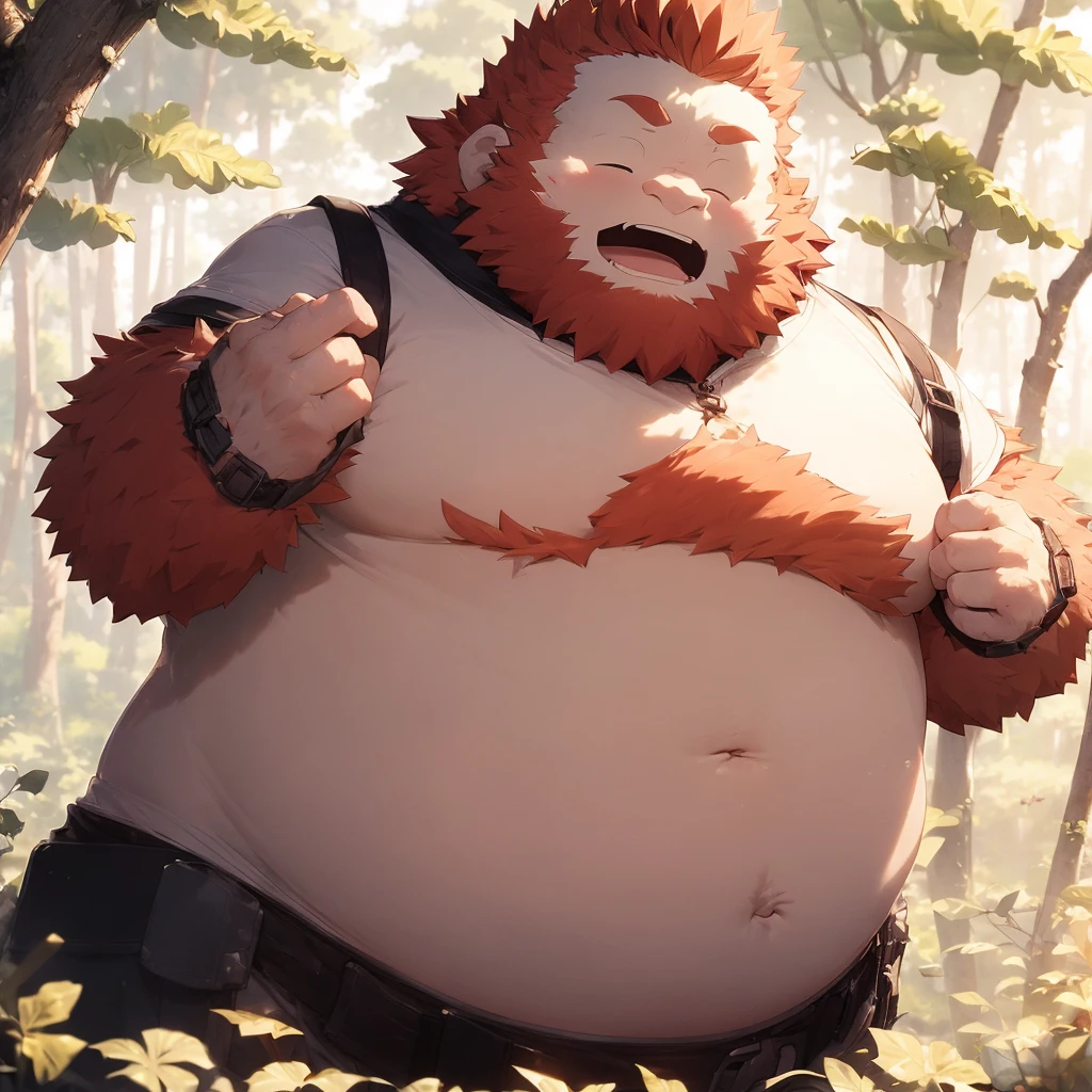 man, Red hair, red beard, Big Beard, thick and strong, big belly, thick body hair, naked, small, standing in the forest, big trees, nature, An axe in his hand