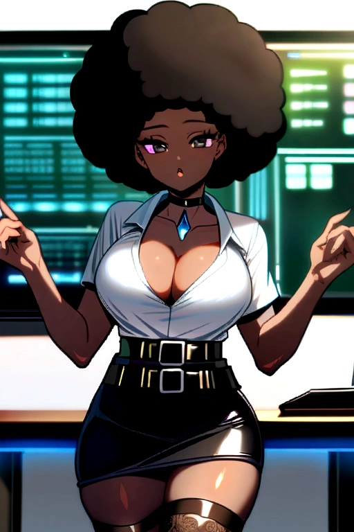 (masterpiece, best quality, hires, high resolution:1.2), (beautiful, aesthetic, perfect, delicate, intricate:1.2), (depth of field:1.2), (1girl, solo), (dark-skinned, dark skin, black skin, ebony:1.4), (sexy teacher), (eyeliner, eyelashes, eyeshadow, glossy lips), (afro hair:1.4), (huge breasts, cleavage), (ornate delicate bra), (choker), (white shirt), (pencil skirt), (multiple belts:1.4), (lace stockings), (at computer laboratory), blackboard, (cowboy shot:1.4),