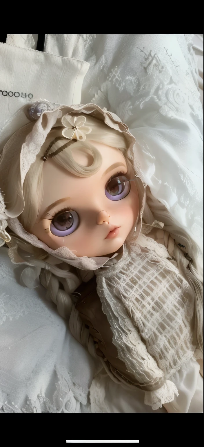Make me a blythe doll with dark purple curly hair and bangs, with white skin and with a vertical septum and labret piercing and with round and purple glasses and with long and outlined eyelashes