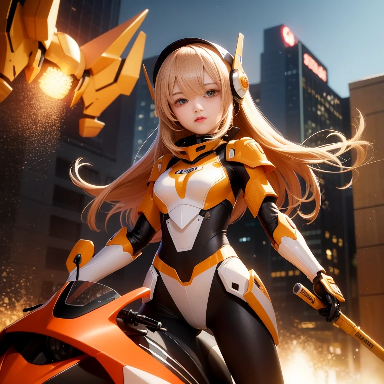 Highest image quality,Outstanding details,Ultra-high resolution,(Honesty:1.4),Best example,Attention to detail,Highly cohesive 1girl,He has a delicate and beautiful face,Dressed in a light orange mech,Wearing a mecha helmet,Hold the directional controller,Riding a motorcycle,The background is a high-tech lighting scene of a future city。