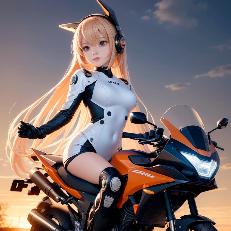 Highest image quality,Outstanding details,Ultra-high resolution,(Honesty:1.4),Best example,Attention to detail,Highly cohesive 1girl,He has a delicate and beautiful face,Dressed in a light orange mech,Wearing a mecha helmet,Hold the directional controller,Riding a motorcycle,The background is a high-tech lighting scene of a future city。