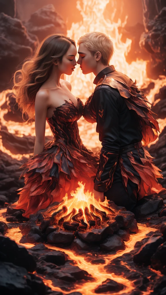 masterpiece,Highest quality,Rich in details,high resolution,flame/fiery的焰/flame,Dynamic Scene Scale 1.3,Romantic couple kissing in the fire,Firestorm,on fire,Bizarre fantasy image,Excellent skin texture,Magic Circle,Casting a Spell,strange,紫色strength,strength,fiery,meteor。