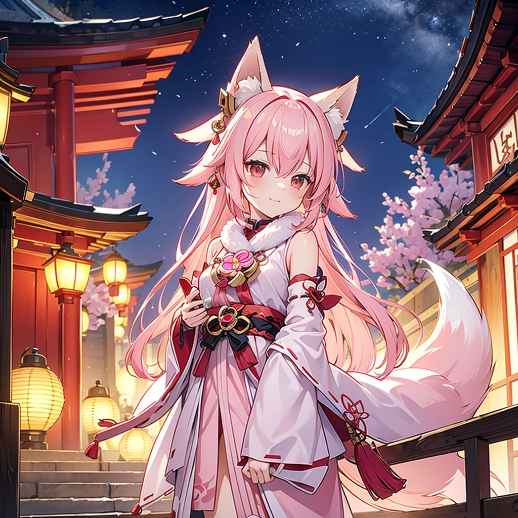 fox maiden, shrine, maiden, pink fur, miko clothing, joyful, pink fox ears, night, lanterns