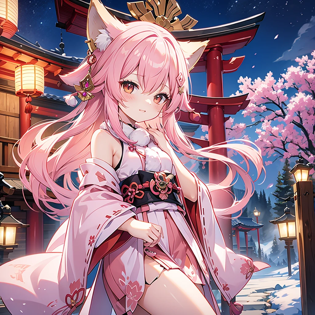 fox maiden, shrine, maiden, pink fur, miko clothing, joyful, pink fox ears, night, lanterns