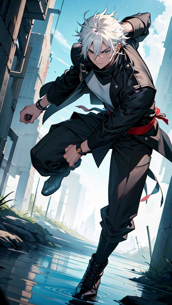 Ren KuroganeDescription: Ren is a young man of average height, with white hair that falls disheveled over his forehead and shoulders. Your eyes are deep blue, reflecting a mix of calm and determination. His skin is fair and has some discreet scars., evidence of past battles.tenue: He wears a black military-style coat with dark red trim., over a white turtleneck shirt. Wears black pants and sturdy combat boots. On your right wrist, he carries a leather bracelet intertwined with red threads, that has a sentimental meaning for him.Personalidade: Ren is reserved and observant, generally thoughtful and strategic in their actions. He has a strong ethic of justice and protecting the innocent, what motivates him to fight even when the odds are against him. Despite his serious appearance, he cares deeply about his friends and has a subtle sense of humor.powers: Ren is skilled in sword techniques, using a sleek katana with a white blade and black hilt. He also has abilities in controlling spiritual energy., allowing you to carry out quick and accurate attacks against your opponents.history: Ren was born into a family of spiritual warriors, where he learned from an early age the importance of protecting the weak and defending the ideals in which he believes. His journey has led him to face significant challenges, molding him into a seasoned and resilient warrior. He constantly seeks to improve his skills and understand the true meaning of his spiritual heritage.I hope this anime character concept with white hair similar to Kurosaki Ichigo