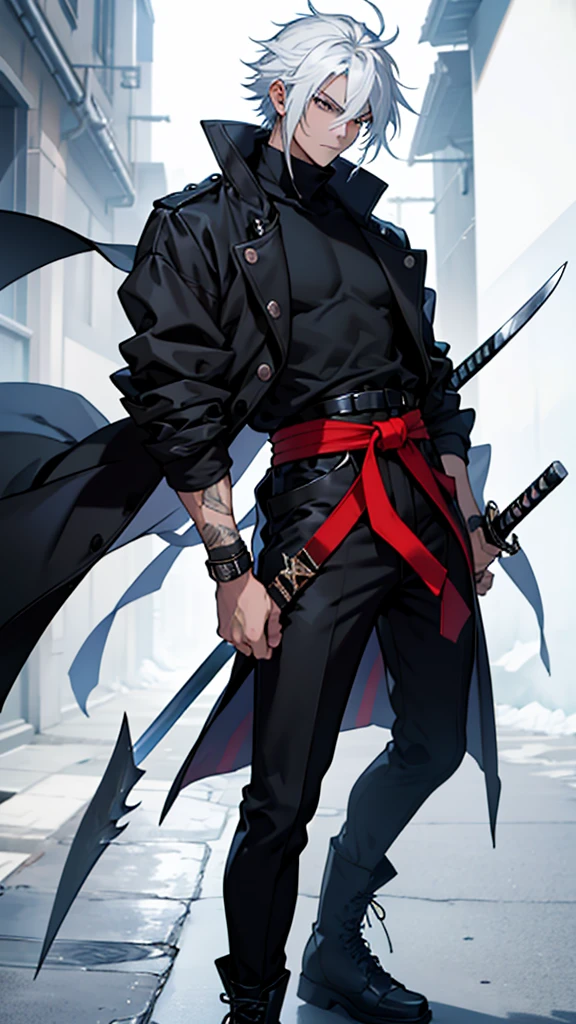 Ren KuroganeDescription: Ren is a young man of average height, with white hair that falls disheveled over his forehead and shoulders. Your eyes are deep blue, reflecting a mix of calm and determination. His skin is fair and has some discreet scars., evidence of past battles.tenue: He wears a black military-style coat with dark red trim., over a white turtleneck shirt. Wears black pants and sturdy combat boots. On your right wrist, he carries a leather bracelet intertwined with red threads, that has a sentimental meaning for him.Personalidade: Ren is reserved and observant, generally thoughtful and strategic in their actions. He has a strong ethic of justice and protecting the innocent, what motivates him to fight even when the odds are against him. Despite his serious appearance, he cares deeply about his friends and has a subtle sense of humor.powers: Ren is skilled in sword techniques, using a sleek katana with a white blade and black hilt. He also has abilities in controlling spiritual energy., allowing you to carry out quick and accurate attacks against your opponents.history: Ren was born into a family of spiritual warriors, where he learned from an early age the importance of protecting the weak and defending the ideals in which he believes. His journey has led him to face significant challenges, molding him into a seasoned and resilient warrior. He constantly seeks to improve his skills and understand the true meaning of his spiritual heritage.I hope this anime character concept with white hair similar to Kurosaki Ichigo 