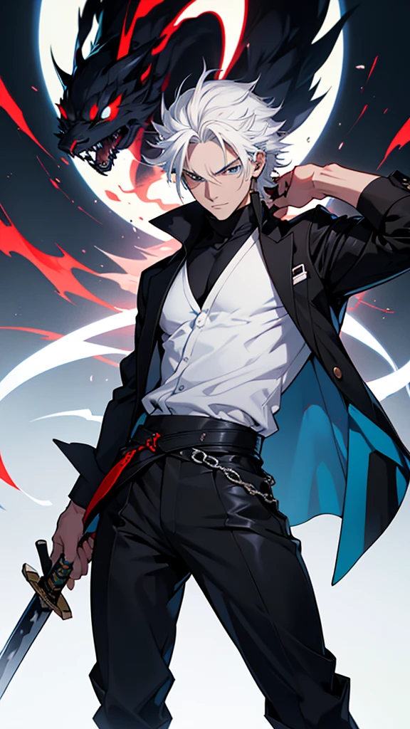 Ren KuroganeDescription: Ren is a young man of average height, with white hair that falls disheveled over his forehead and shoulders. Your eyes are deep blue, reflecting a mix of calm and determination. His skin is fair and has some discreet scars., evidence of past battles.tenue: He wears a black military-style coat with dark red trim., over a white turtleneck shirt. Wears black pants and sturdy combat boots. On your right wrist, he carries a leather bracelet intertwined with red threads, that has a sentimental meaning for him.Personalidade: Ren is reserved and observant, generally thoughtful and strategic in their actions. He has a strong ethic of justice and protecting the innocent, what motivates him to fight even when the odds are against him. Despite his serious appearance, he cares deeply about his friends and has a subtle sense of humor.powers: Ren is skilled in sword techniques, using a sleek katana with a white blade and black hilt. He also has abilities in controlling spiritual energy., allowing you to carry out quick and accurate attacks against your opponents.history: Ren was born into a family of spiritual warriors, where he learned from an early age the importance of protecting the weak and defending the ideals in which he believes. His journey has led him to face significant challenges, molding him into a seasoned and resilient warrior. He constantly seeks to improve his skills and understand the true meaning of his spiritual heritage.I hope this anime character concept with white hair similar to Kurosaki Ichigo 