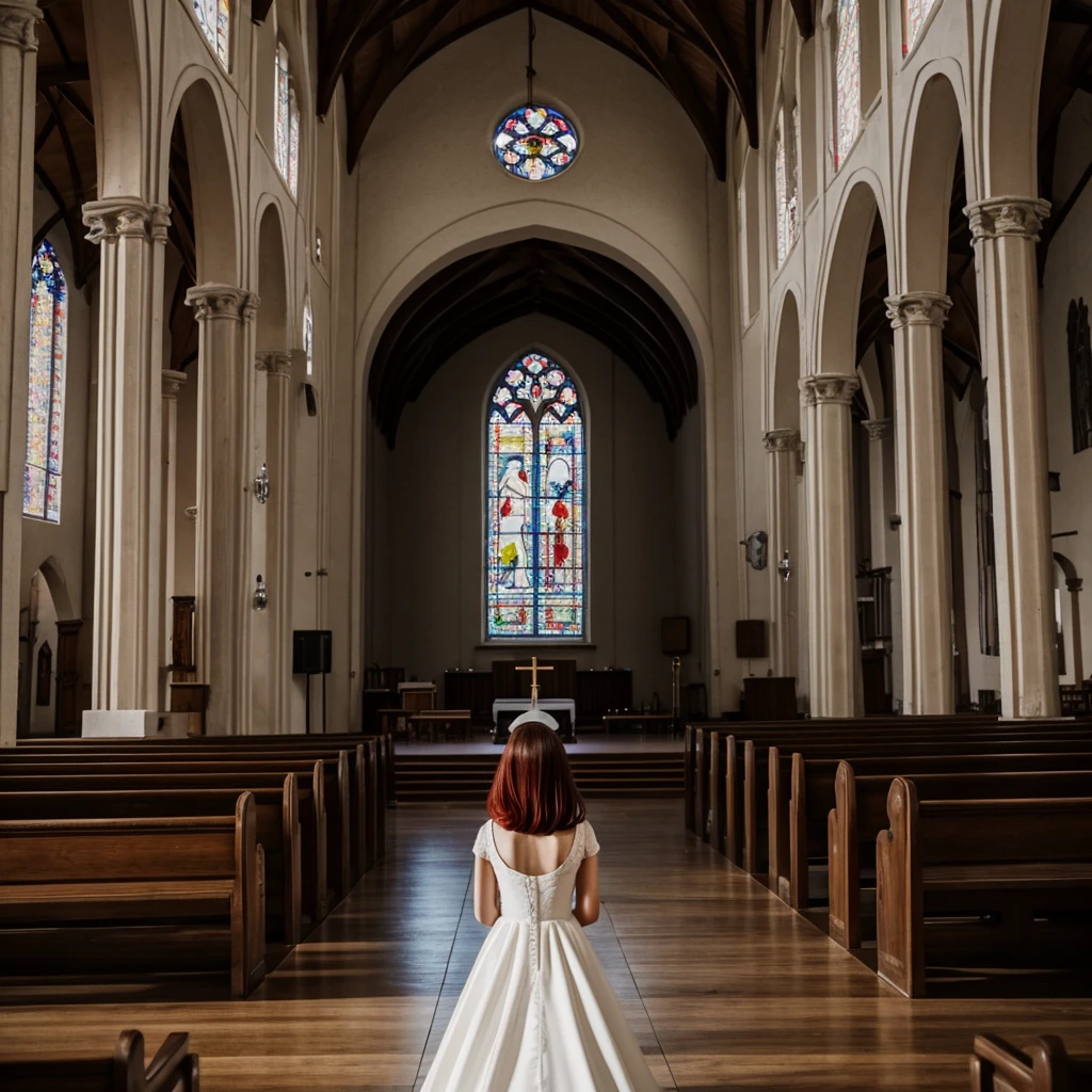Inside the church were black Interior design With white benches. One girl standing on the altar hair red with bangs is covering her eyes, completely nuked