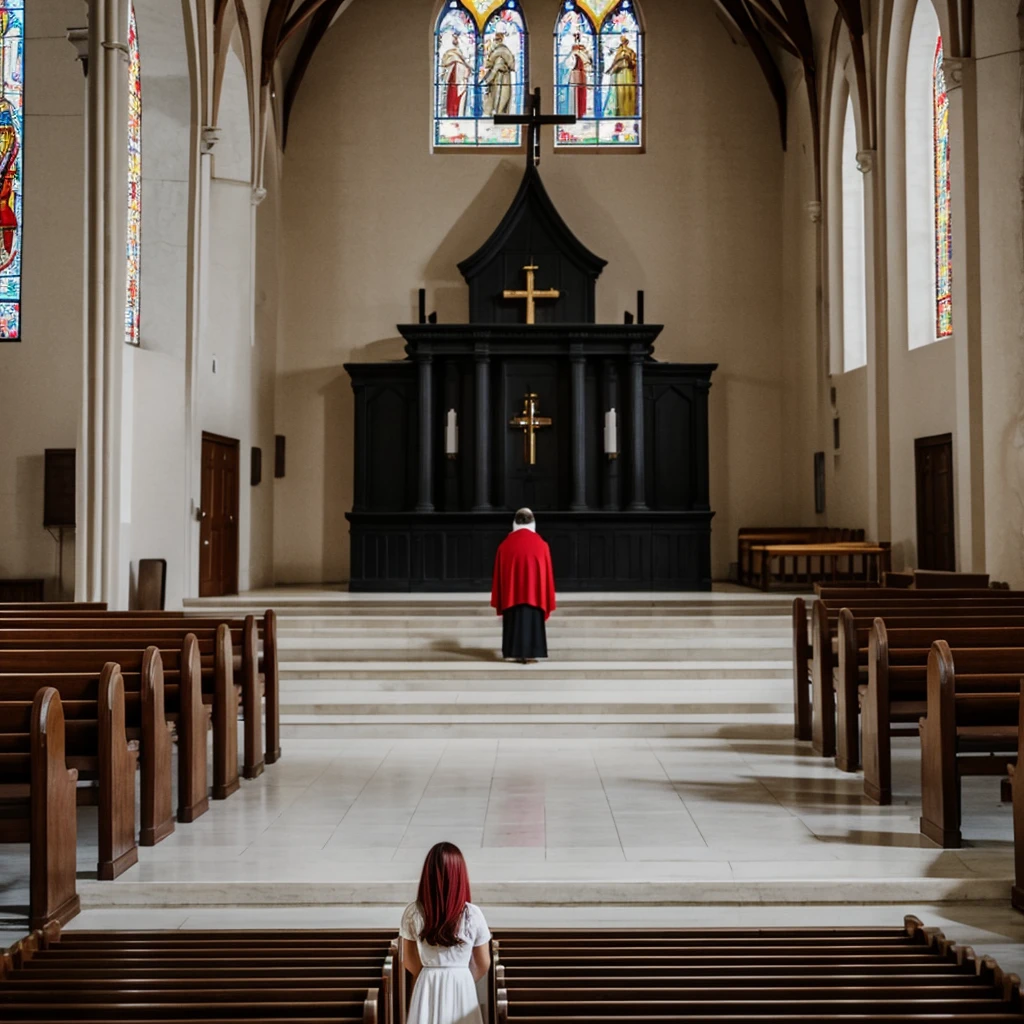 Inside the church were black Interior design With white benches. One girl standing on the altar hair red with bangs is covering her eyes, completely nuked