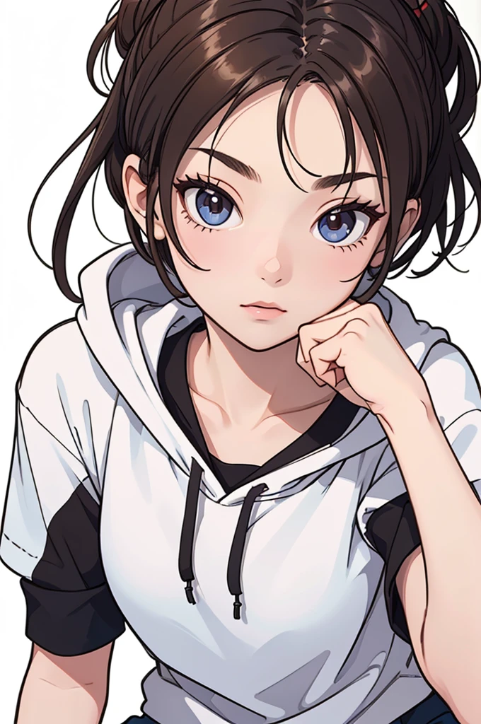 (((masterpiece, best quality, ultra highres, 1 girl, solo, white background))), super detailed skin and face and eyes and finger, beautiful japanese woman, small breasts:1.5, skinny, light brown hair, white background, very short pixie hair, (an illustration of girl), Knee shot, Generate with illustrations, Various expressions, Various poses, Please draw the entire character within the frame, ensuring that the head, arms, and legs are not cut off. The background should be simple, with the character positioned centrally, outline, anime, hoodie,