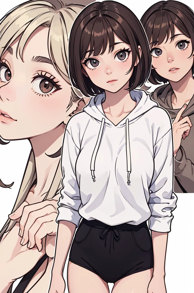 (((masterpiece, best quality, ultra highres, 1 girl, solo, white background))), super detailed skin and face and eyes and finger, beautiful japanese woman, small breasts:1.5, skinny, light brown hair, white background, very short pixie hair, (an illustration of girl), Knee shot, Generate with illustrations, Various expressions, Various poses, Please draw the entire character within the frame, ensuring that the head, arms, and legs are not cut off. The background should be simple, with the character positioned centrally, outline, anime, hoodie,