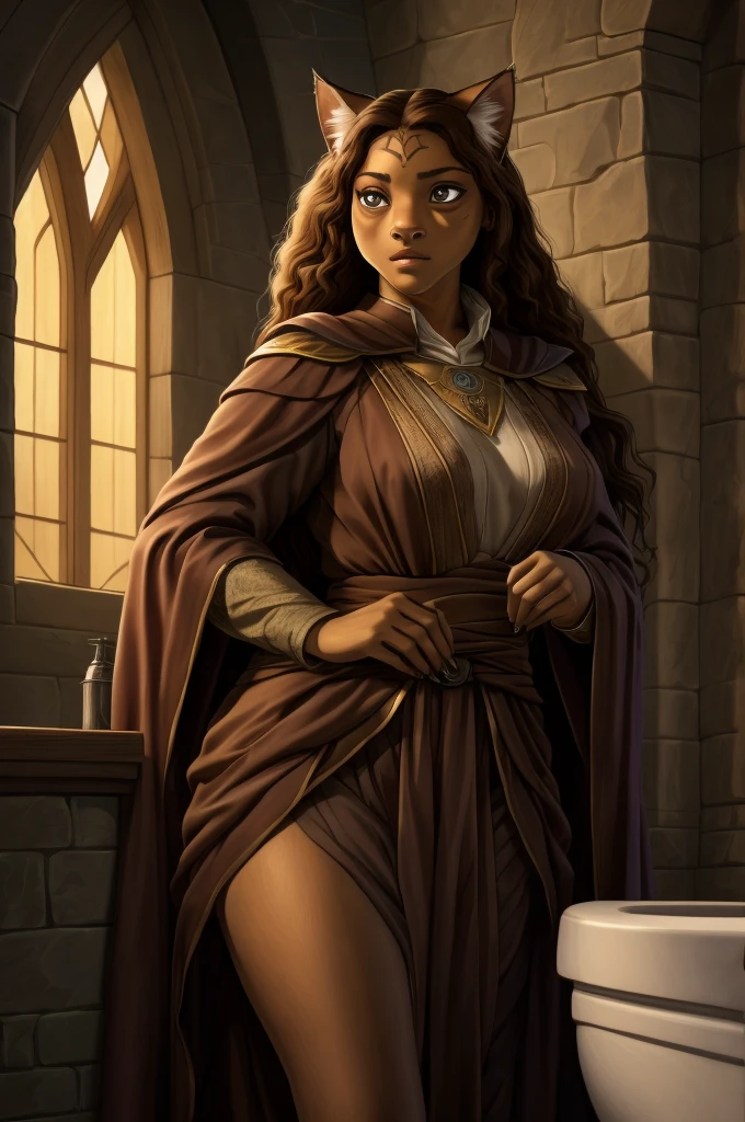 ((ultra quality)), ((tmasterpiece)), Hermione Granger cat, turned into a cat, ((there are only cat ears)), ((there is a cat's tail in the back)) (brown-haired woman, hairlong), (Beautiful cute face), (beautiful female lips), Charming, (cat nose), ((incredulous facial expression)), is looking at the camera, eyes are slightly closed, ((skin color brown)), Body glare, ((detailed beautiful female eyes)), ((dark brown eyes)), (juicy female lips), (beautiful female hands), ((perfect female figure)), perfect female body, Beautiful waist, black claws, gorgeous big thighs, beautiful breasts, ((Subtle and beautiful)), seductively worth it, (Hogwarts , Gryffindor), background: inside inside Hogwarts, women's toilet, | (8k, RAW photo, best quality, masterpiece:1.2), ultra-detailed, (high detailed skin:1.2), 8k uhd, dslr, soft lighting, high quality, (centered:1.2), ((LOOKING at the VIEWER)), asura, film grain, highly detailed shading, ((perfect_hands):1), Goodhands-beta2, Detailed eyes, perfect face, perfect eyes, Detailed face, ((a manga drawing by Kentaro Miura)), magv1ll, Khajiit-Female