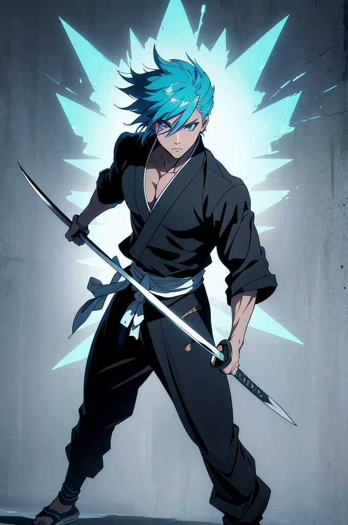 1 man, muscle, cyan hair, bleach style, with a katana, detailed katana, black kimono, male focus, masterpiece, 16k, uhd, high definition, full body, image of full body, all body, beautiful eyes, (((perfect eyes))), (((detailed eyes)))