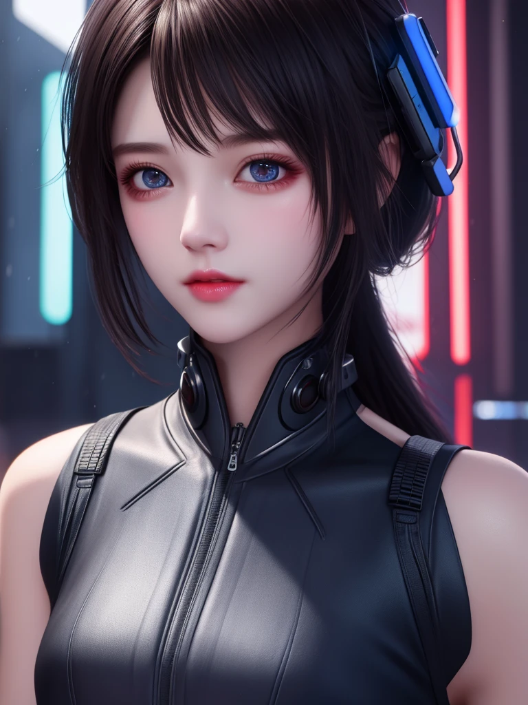 best quality, masterpiece, high resolution, 1 Girl, front, Pretty Face, technology, Cyberpunk, Practical, Edge lighting, Two-color lighting, (High Detail Skin: 1.2), 8K UHD, Digital SLR Camera, Soft Light, high quality, Volumetric Light, photo, high resolution, 4K, 8K, Background blur,