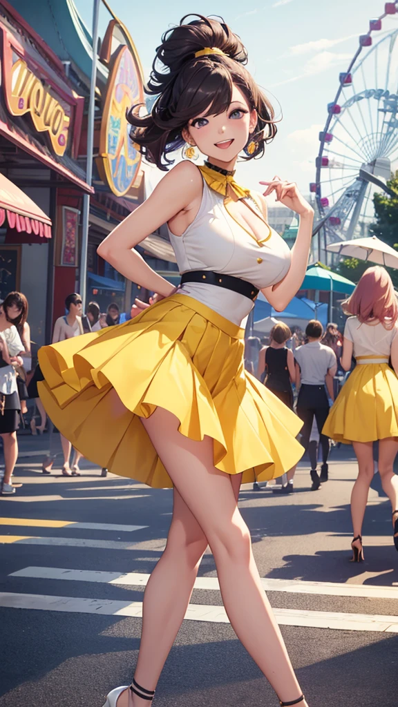 8k, beautiful woman, whole body, high volume hair, split pompadour, wine hair, white sleeveless blouse, yellow miniskirt, two bare legs, two bare arms, purple heels, patent heels. Amusement park background, smile, Open mouth, slanted eyes, perfect body.