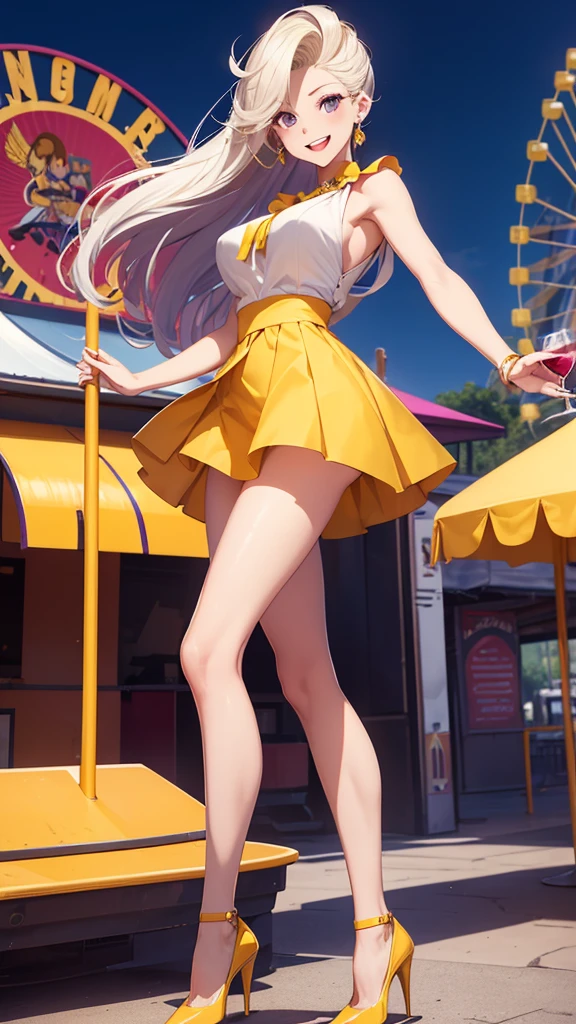 8k, beautiful woman, whole body, high volume hair, split pompadour, wine hair, white sleeveless blouse, yellow miniskirt, two bare legs, two bare arms, purple heels, patent heels. Amusement park background, smile, Open mouth, slanted eyes, perfect body.