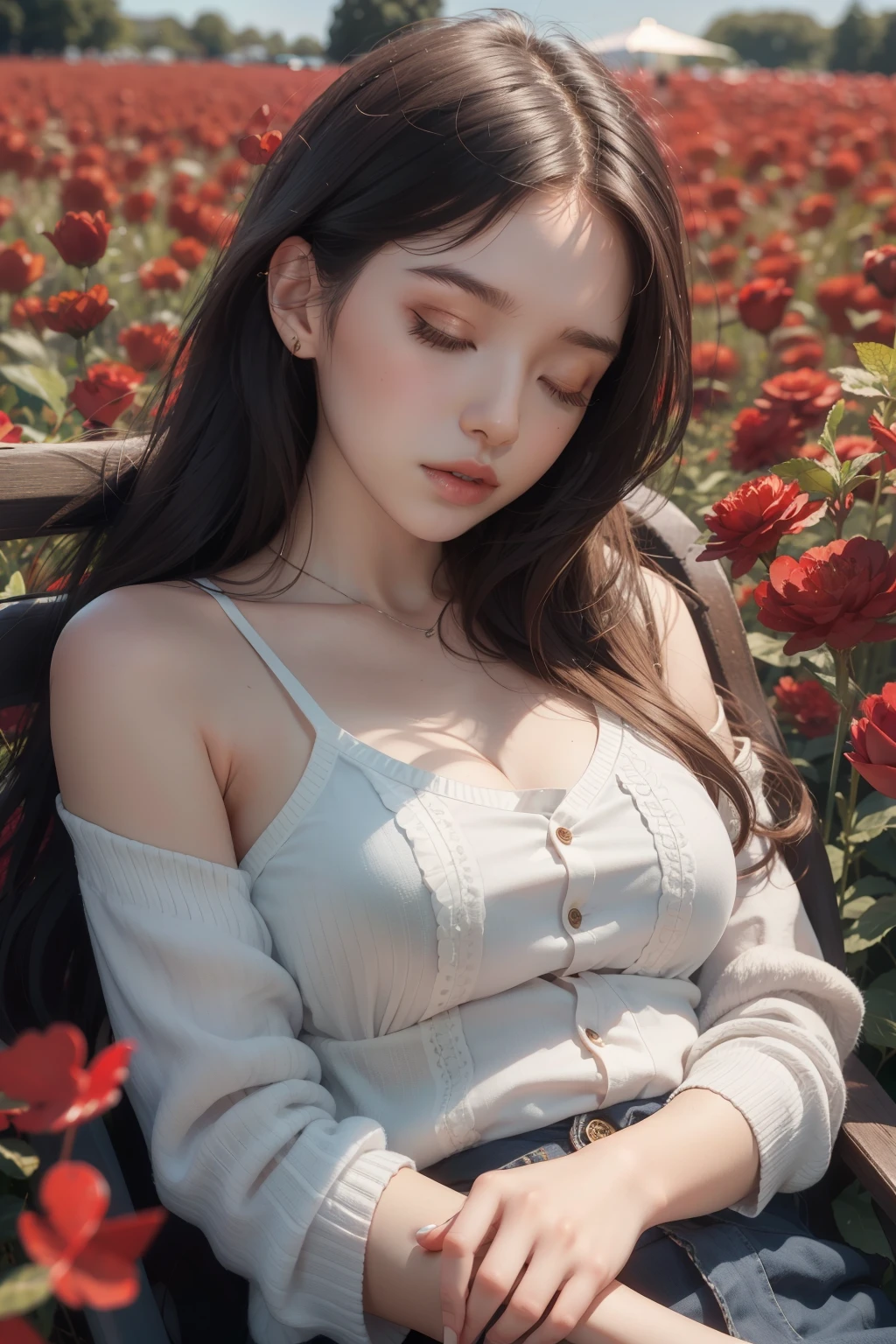 Girl sleeping in a field of red butterflies 