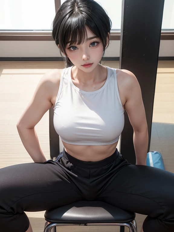 Looking into the camera,28 years old,physical education teacher、1 female,Black hair pixie cut、(sheグレーのぴったりしたショートパンツを履いている..........)(Sit on a chair)(Please spread your legs wide)(Very large breasts)(she),(I'When I sweat, Clothes are see-through)(sheの胸はシャツから露出している)(female teacher),(Crouching posture)(I can see your crotch)(Obscene pose)(Big Breasts)(Accentuate your cleavage)(Toned body)(Short black pixie hair),(Best image quality, (8K), Ultra-realistic, 最high quality, high quality, High resolution, high qualityの質感, Attention to detail, Beautiful details, Fine details, Extremely detailed CG, Detailed Texture, Realistic facial expressions, masterpiece, in front),(((Strict adherence to front-end configuration))) (((Photograph the whole body)))(((A photo of a person with their legs spread in an M-shape)))(((Accentuate the crotch)))