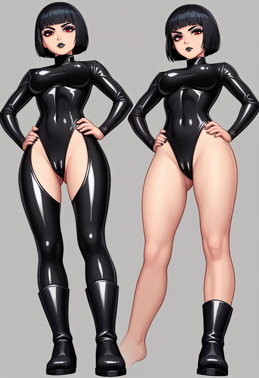 ((flat colors)), superheroine, ((1girl, solo)), light skin, red eyes, black hair, bob cut, blunt bangs, short hair, ((turtleneck, skin tight leotard, latex leotard, black lipstick, black eyeshadow)), ((long sleeve leotard, highleg leotard, black leotard, cameltoe, bare legs, black boots)), serious face, hands on hips, standing, full body, ((seen from below, dynamic angle))