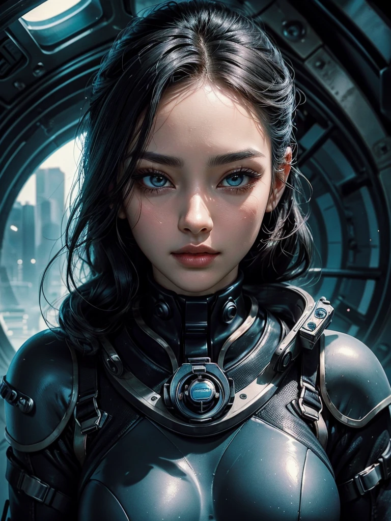 A beautiful woman。Facial details。masterpiece。Beautiful eyes。through nasal muscles。Full lips。Beautiful oval-shaped facial contour。Her black hair is neatly arranged on her forehead.。She clings to her body、Like a diving suit、Wearing metal combat suit。She&#39;s in a spaceship.。８KImage Quality。