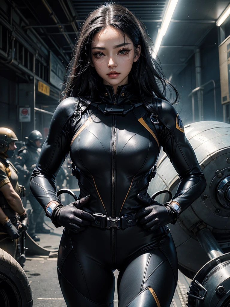 A beautiful woman。Facial details。masterpiece。Beautiful eyes。through nasal muscles。Full lips。Beautiful oval-shaped facial contour。Her black hair is neatly arranged on her forehead.。She clings to her body、Like a diving suit、Wearing metal combat suit。She's in a spaceship.。8KImage Quality。