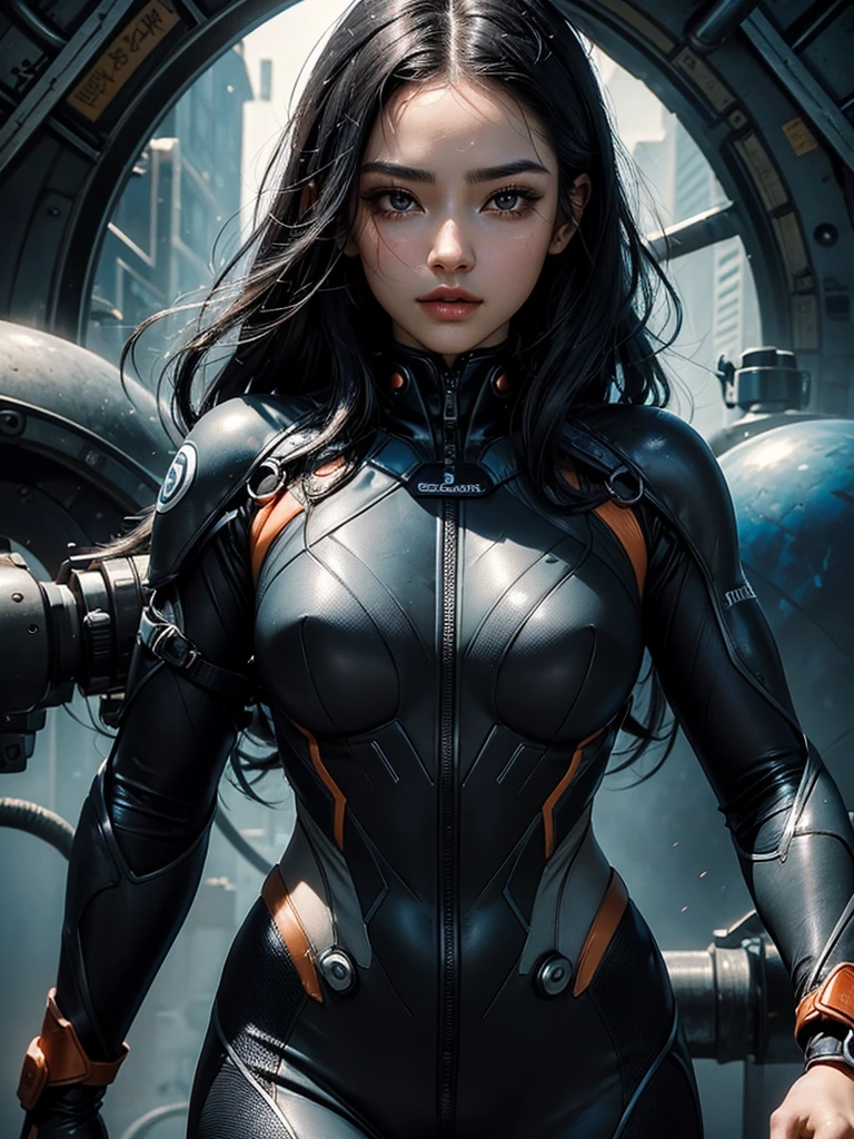 A beautiful woman。Facial details。masterpiece。Beautiful eyes。through nasal muscles。Full lips。Beautiful oval-shaped facial contour。Her black hair is neatly arranged on her forehead.。She clings to her body、Like a diving suit、Wearing metal combat suit。She's in a spaceship.。8KImage Quality。