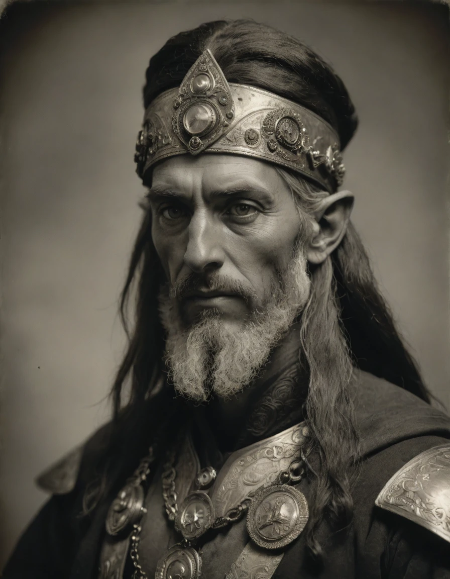 ((((Masterpiece, daguerreotype on old paper, monochrome)))), by Moebius, by Théodore Géricault, the composition is: ((((30 year old male high elf scientist, tan, elf ears, Assyrian beard, sullen, magnificent, he is wearing Mesopotamian costume with Steampunk elements, sashes, medals, pendants)))).
