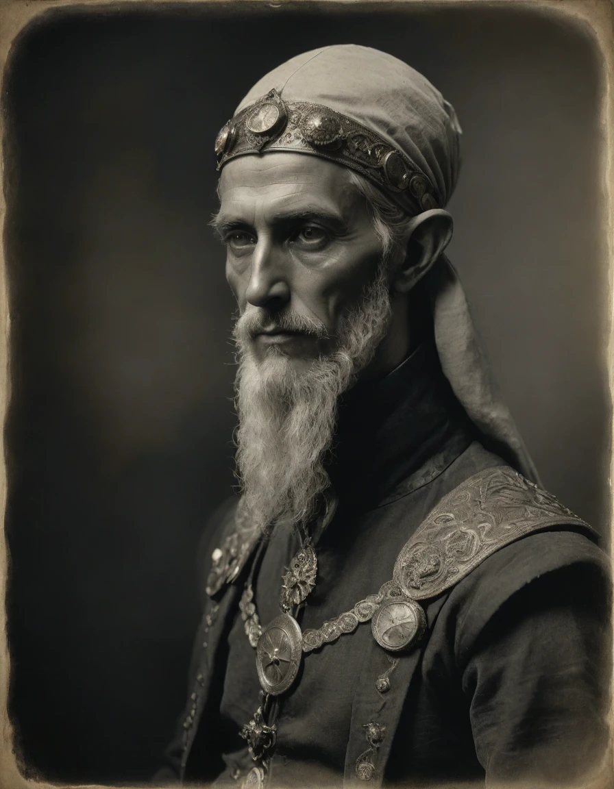 ((((Masterpiece, daguerreotype on old paper, monochrome)))), by Moebius, by Théodore Géricault, the composition is: ((((30 year old male high elf scientist, tan, elf ears, Assyrian beard, sullen, magnificent, he is wearing Mesopotamian costume with Steampunk elements, sashes, medals, pendants)))).