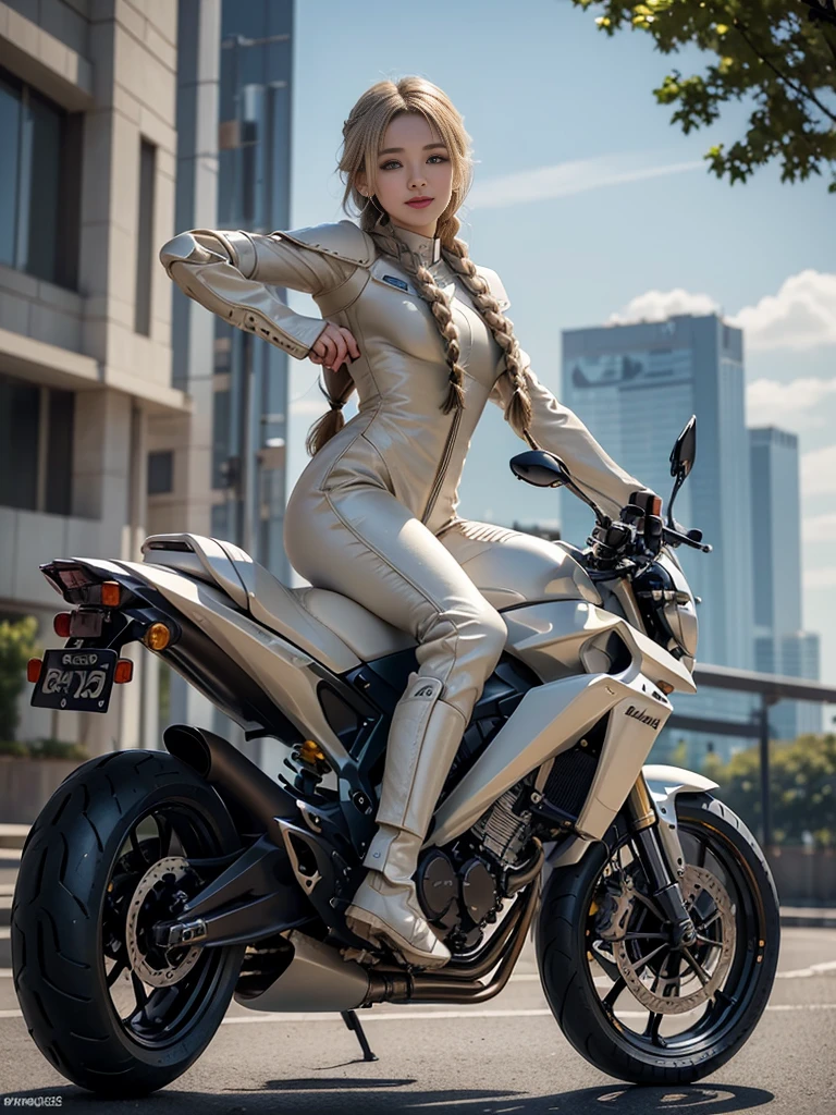 (dynamic podium: 1.3), (Practical:1.5), (Practical:1.4), 8K, Ultra HD Beauty 1, Intricate body details, (best quality: 1.0), (Ultra-high sharpness: 1.0), (Thinning hair:1.4),(The eyes are beautifully and delicately depicted),((((Riding a motorcycle)))),Unreal Engine:1.4,photoPractical:1.4, Texture:1.4, masterpiece:1.8,best quality at best, ((full-body shot))、(((Beige knight suit, Long leather pants and racing boots)))、Long limbs、Smile、((Braided Hair))