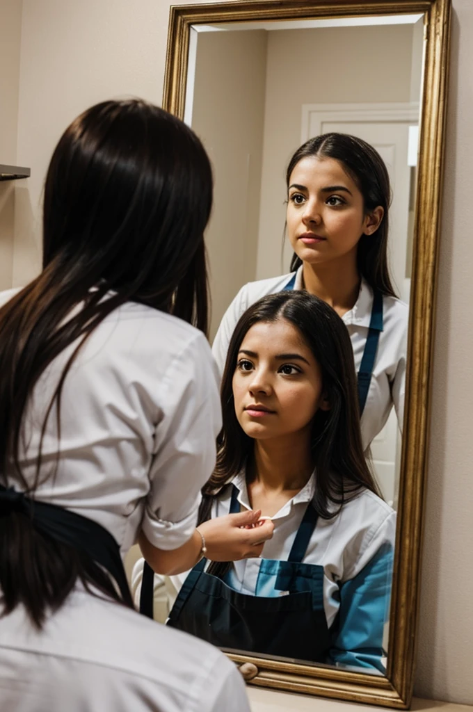 We are looking for you, could you generate an image of a girl looking in a mirror and in the mirror seeing herself reflected as an adult professional baker, also give it to me in Avatar