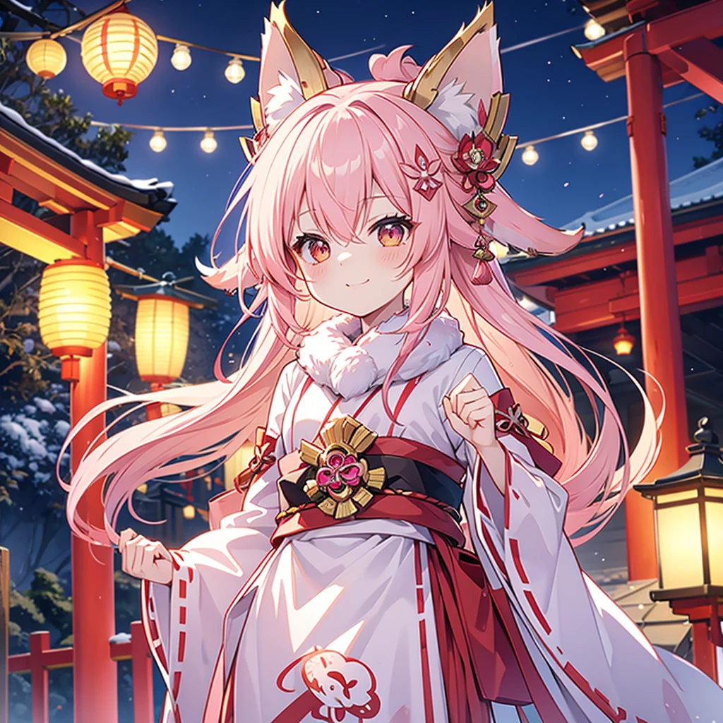 fox maiden, shrine, maiden, pink fur, miko clothing, joyful, cheering, pink fox ears, night, lanterns