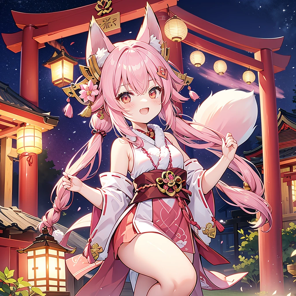 fox maiden, shrine, maiden, pink fur, miko clothing, joyful, cheering, pink fox ears, night, lanterns