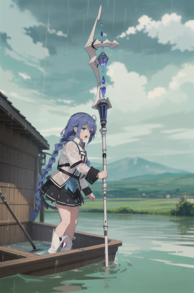 (Masterpiece:1.4), (Best Quality:1.4), (((pixel perfect, perfect detail))), 1 girl, Alone, roxy migurdia, blue fur, wide, hair between the eyes, braid, He drowned, Blue eyes, small breasts, white shirt with solarium, long sleeves, wide sleeves, white capelet, black skirt, White boots, (Assistant Staff, retention staff, cast spell, floating clothing, by the floating, water magic, dark cloud, Heavy Rain, Serious, Open mouth:1.45), (dead:1.3), head on