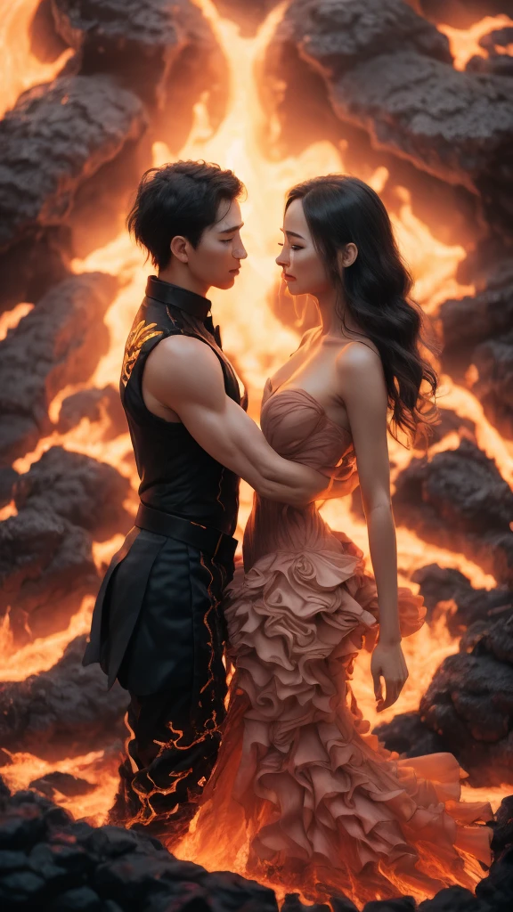 masterpiece，Highest quality，Rich in details，high resolution，flame/fiery的焰/flame，Dynamic Scene Scale 1.3，Romantic couple kissing in the fire，Firestorm，on fire，Bizarre fantasy image，Excellent skin texture，Magic Circle，Casting a Spell，strange，紫色strength，strength，fiery，meteor。