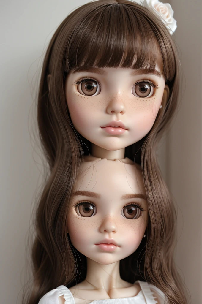 blythe doll with dark-brown and short hair, straight hair, light-brown eyes, small freckless on the nose and a little bit on cheeks, pale white skin, medium cheeks and lips, no bangs, lips pale rose