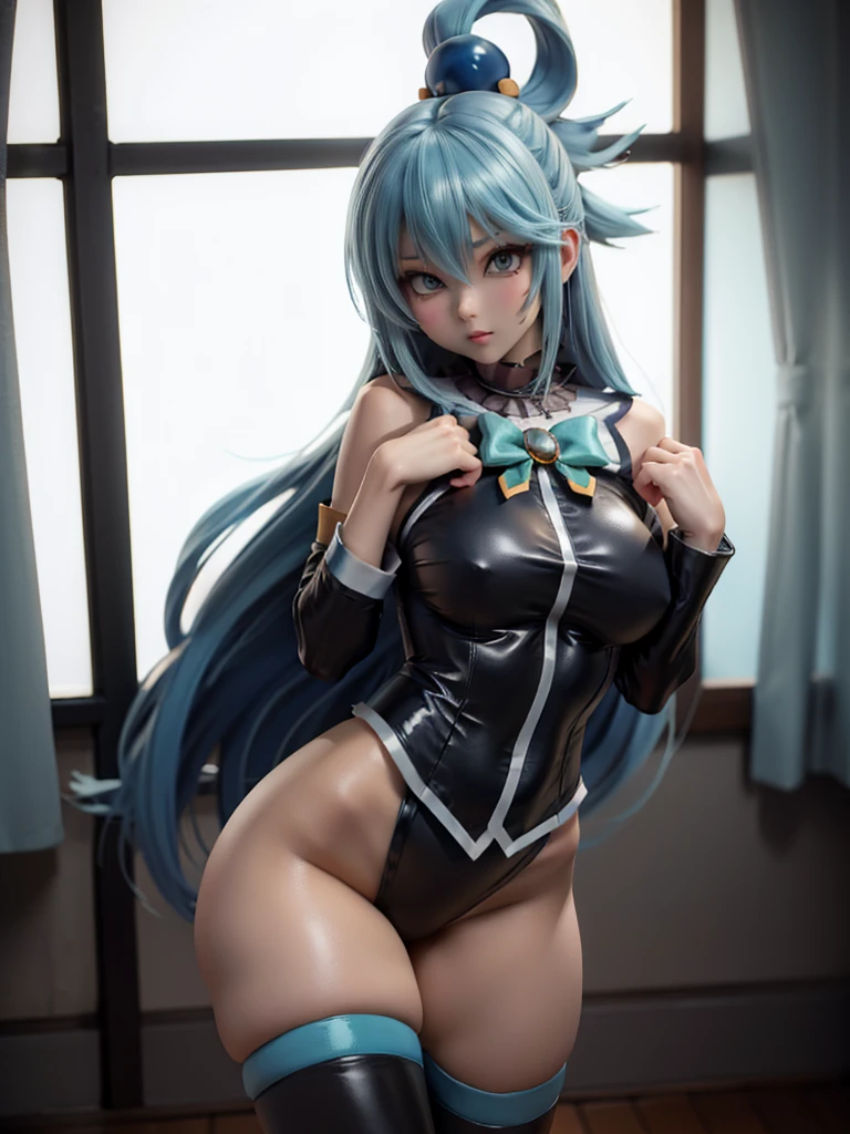 anime style ecchi, 1 girl, Aqua Konosuba, sexy pose, thick thighs, buffer, buttocks, White background