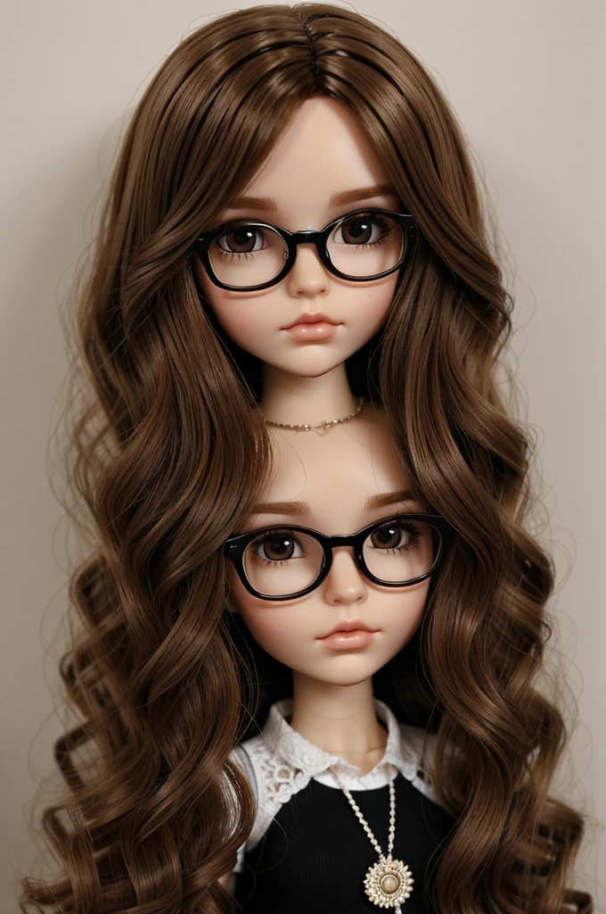 make me a blythe doll with light brown hair, medium wavy hair, with glasses, light brown eyes, pale, vertical labret piercing,