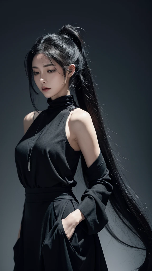 The image depicts a stylized, anime-like character with long, flowing hair tied up, giving a relaxed yet elegant appearance. The character has a calm and serene expression, with slightly closed eyes. She is wearing a somewhat loose, open-front garment that drapes around her, revealing a black outfit underneath. The background has an abstract, artistic design with splashes of black and gray, adding to the overall artistic and dynamic feel of the image.