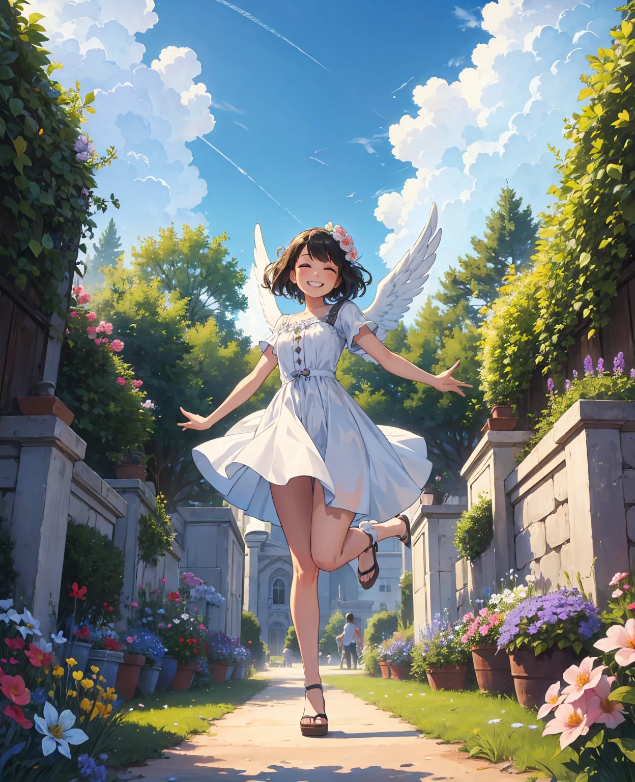 angel art, everyone jumps, smiles, joy, heaven, love, flower garden, happiness, light, lassen