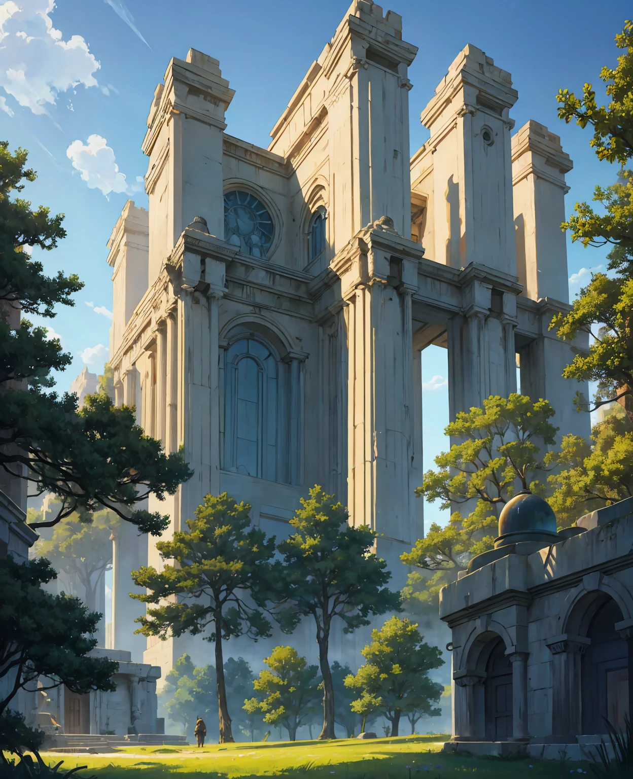 ralph-mcquarrie style, greek architecture done in a sci-fi style on a beautiful forest and meadow scene with tall buildings and open green spaces, oil painting, beautiful, highly detailed