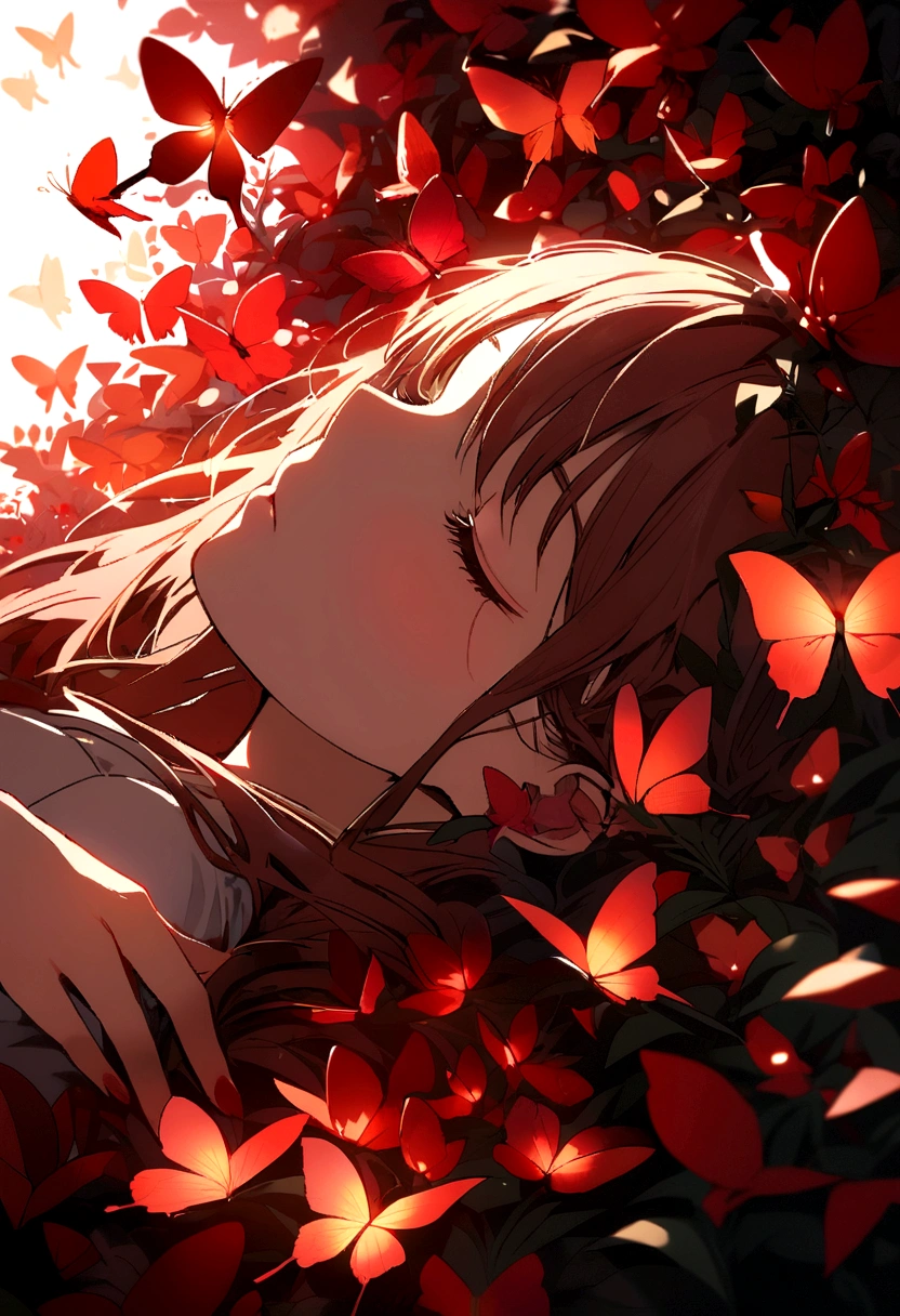 Girl sleeping in a field of red butterflies